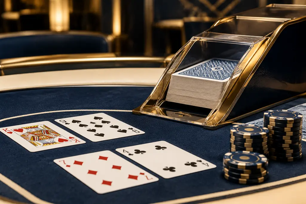 Sepatu pembagi kartu dan susunan kartu baccarat di atas meja kasino