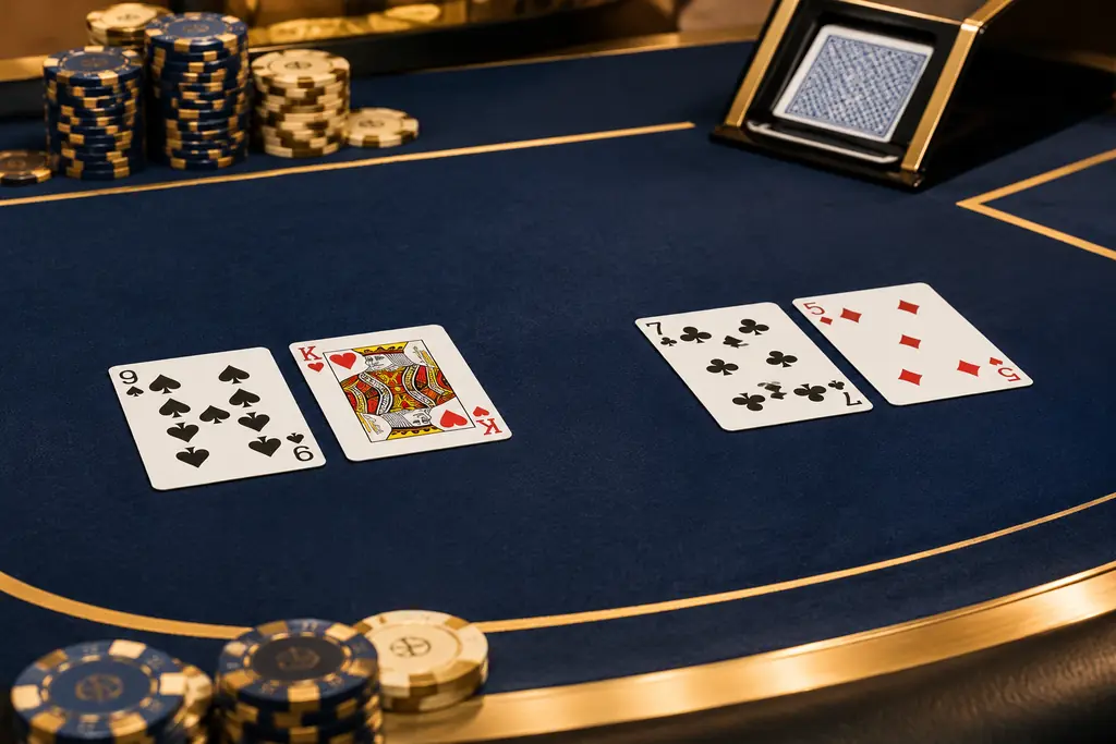 Dua kelompok kartu dan keping pada meja baccarat