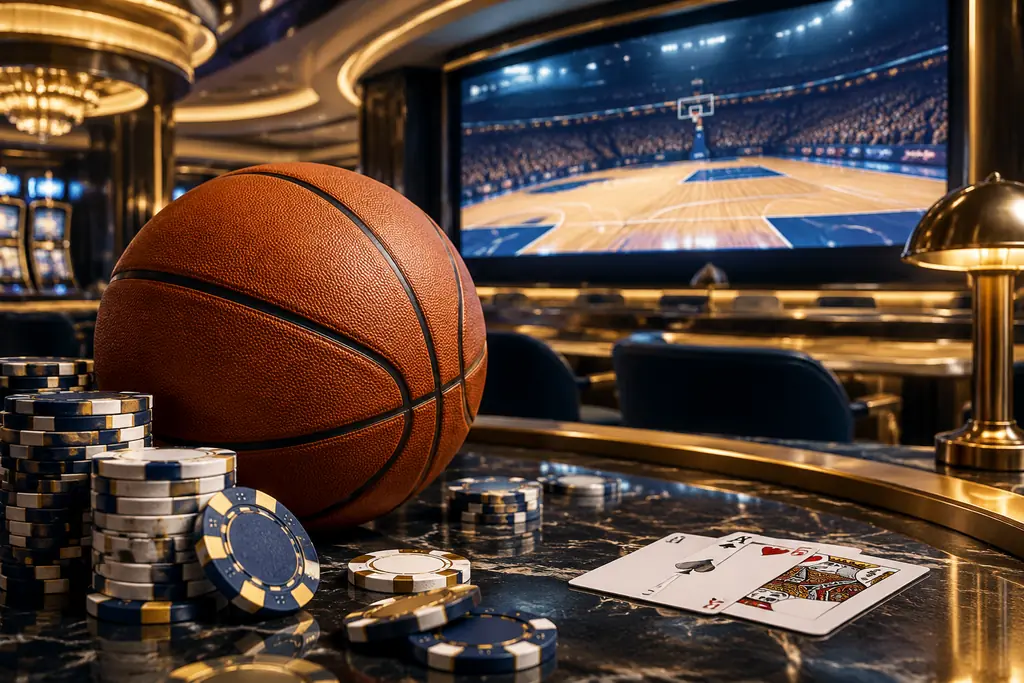 Bola basket dan papan skor tanpa angka di ruang sportsbook kasino