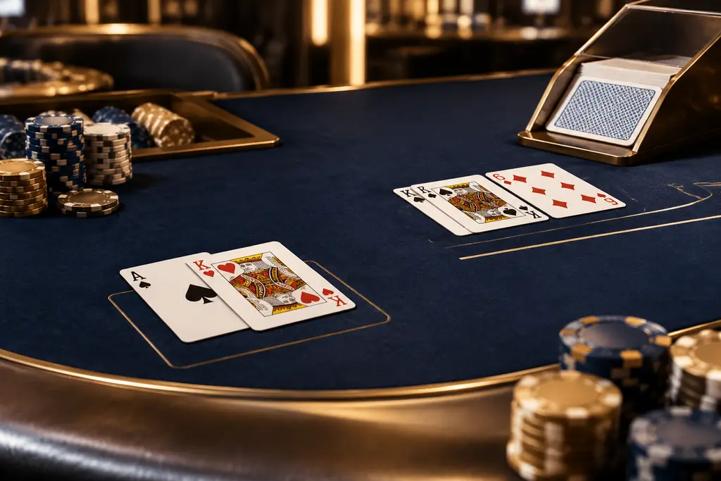 Kartu dan keping blackjack dengan susunan meja yang terlihat jelas