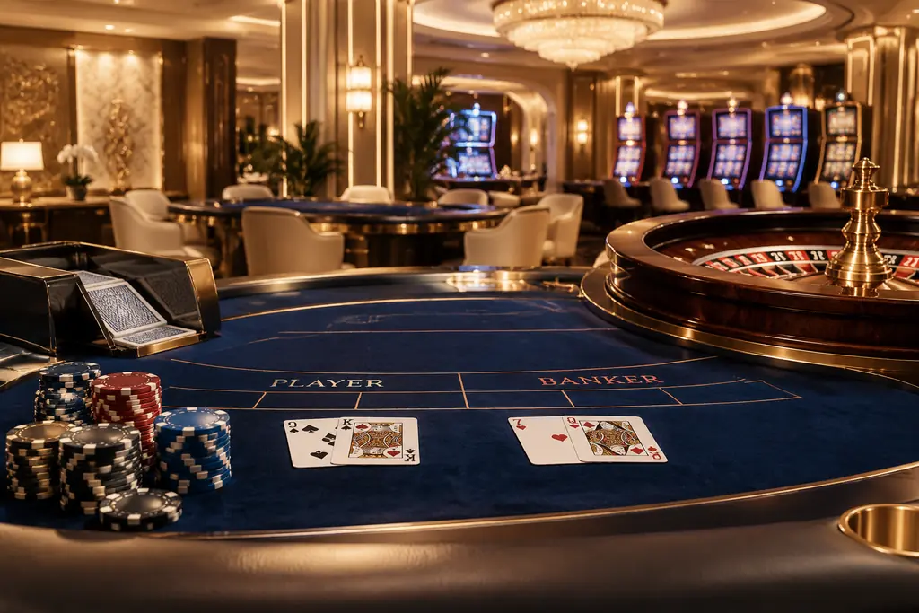 Interior kasino dengan meja kartu, roda roulette, dan mesin permainan