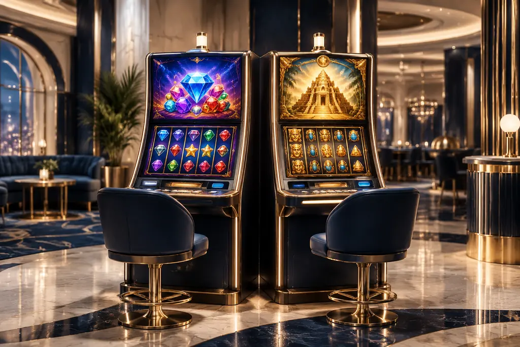 Perangkat permainan slot dan detail teknologi dalam suasana kasino