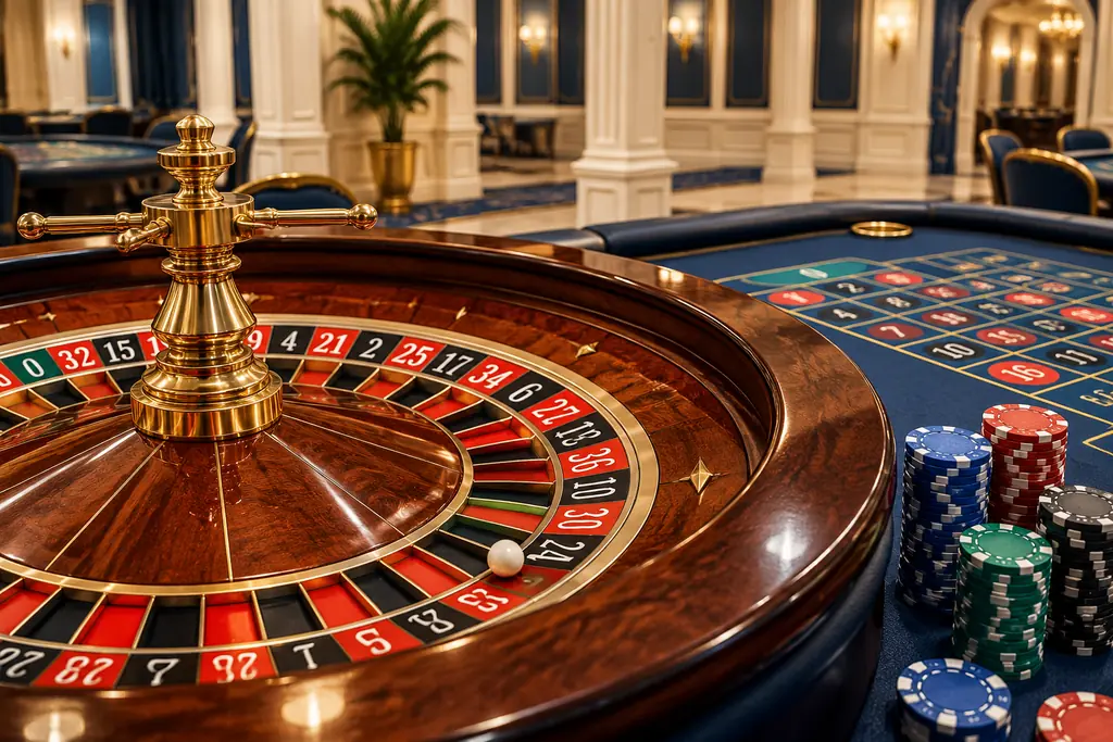 Roda roulette dengan keping di area meja kasino