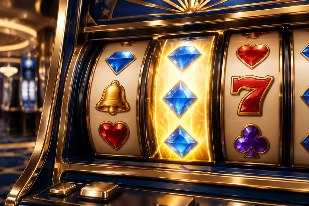 Detail permata berwarna dan perangkat slot pada meja kasino