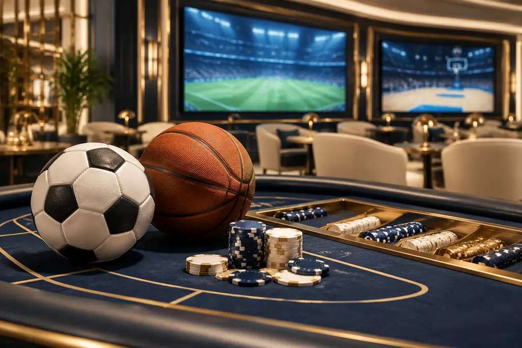 Layar arena sepak bola di ruang bertema sportsbook kasino